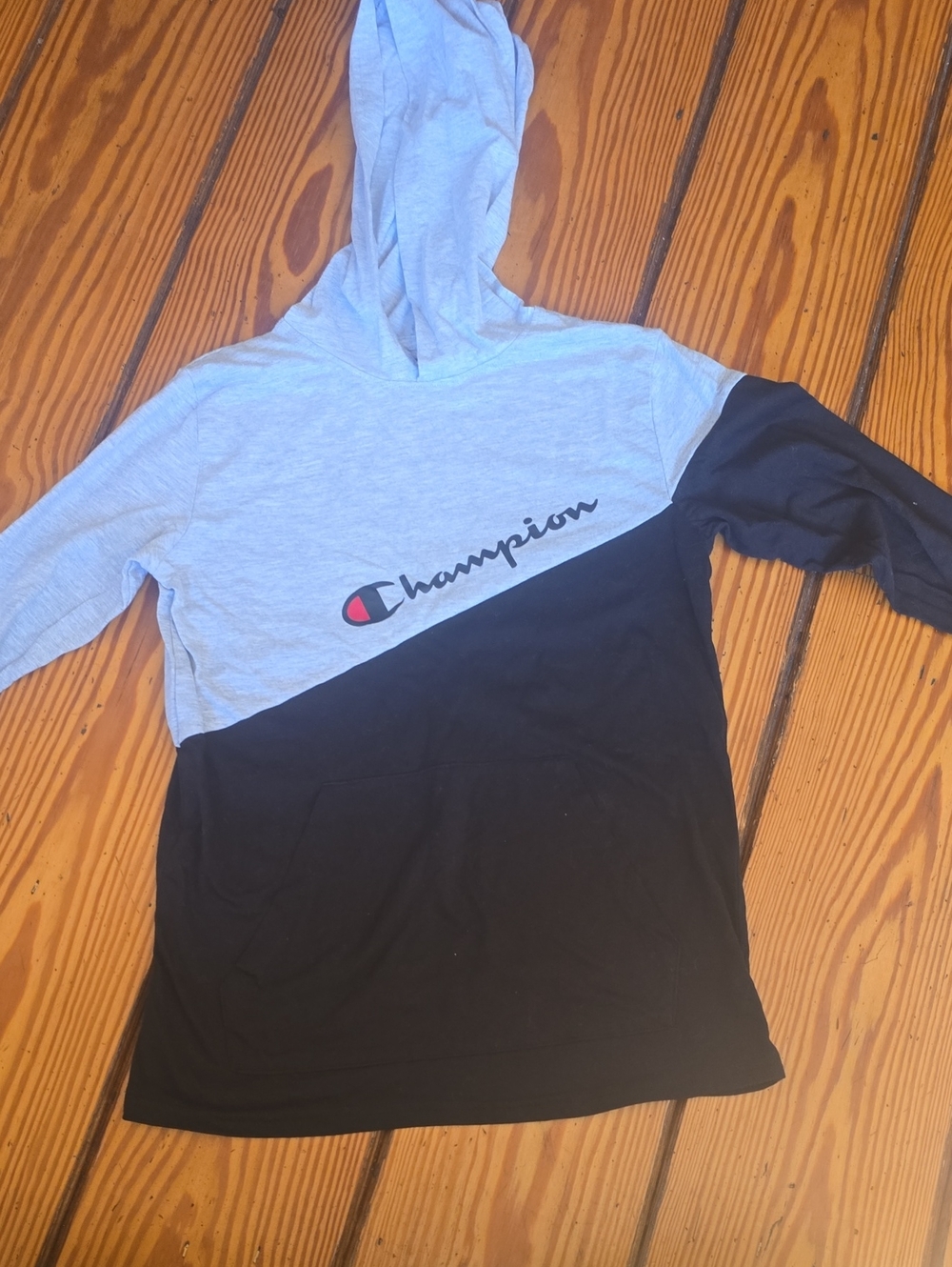 Champion Kids Hooded Colorblock Long Sleeve Shirt - Light Gray & Black XL